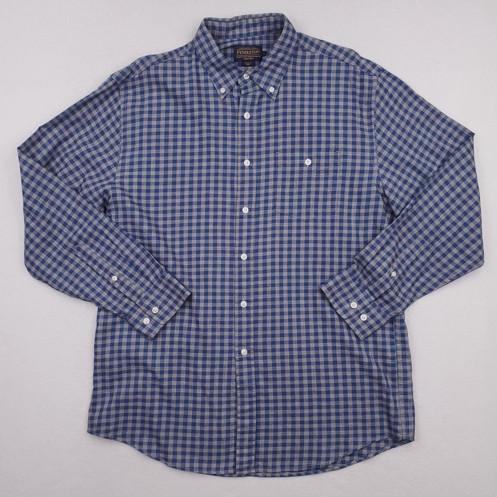 Pendleton Shirt Mens Large Blue Gray Gingham Plaid Button Down Long Sleeve